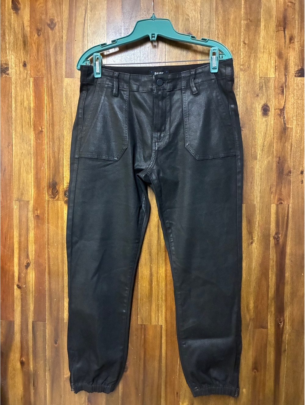 PAIGE Mayslie Black Coated Jogger Pants Size 30 US 10 Faux Leather Utility Y2K